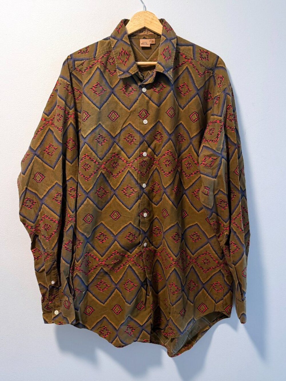 Ruff Hewn Button Down Shirt Aztec Southwestern Olive Mens XL Vintage 90s Made US